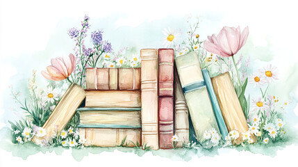 classic vintage stack of books decorating with flowers and books, Detailed view of during a watercolor abstract illustration, colorful watercolor flowers, symbolizing knowledge and beauty.