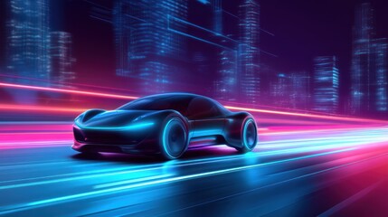 Obraz premium Futuristic car speeding neon city highway night