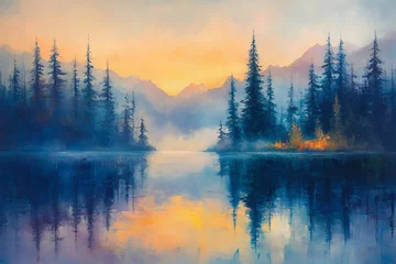 Wandcirkels Mistig bos Serene Sunrise Landscape Painting: Misty Mountains Reflected in Tranquil Lake  © Creative Library 