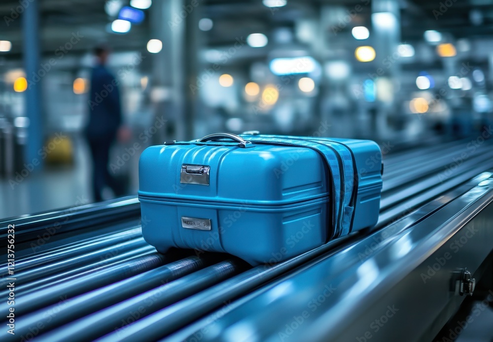 Poster vibrant blue hard shell suitcase on conveyor belt in modern airport terminal with blurred background