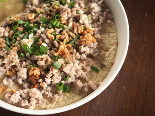 Chinese steamed egg with minced pork, chopped spring onion and crispy golden garlic