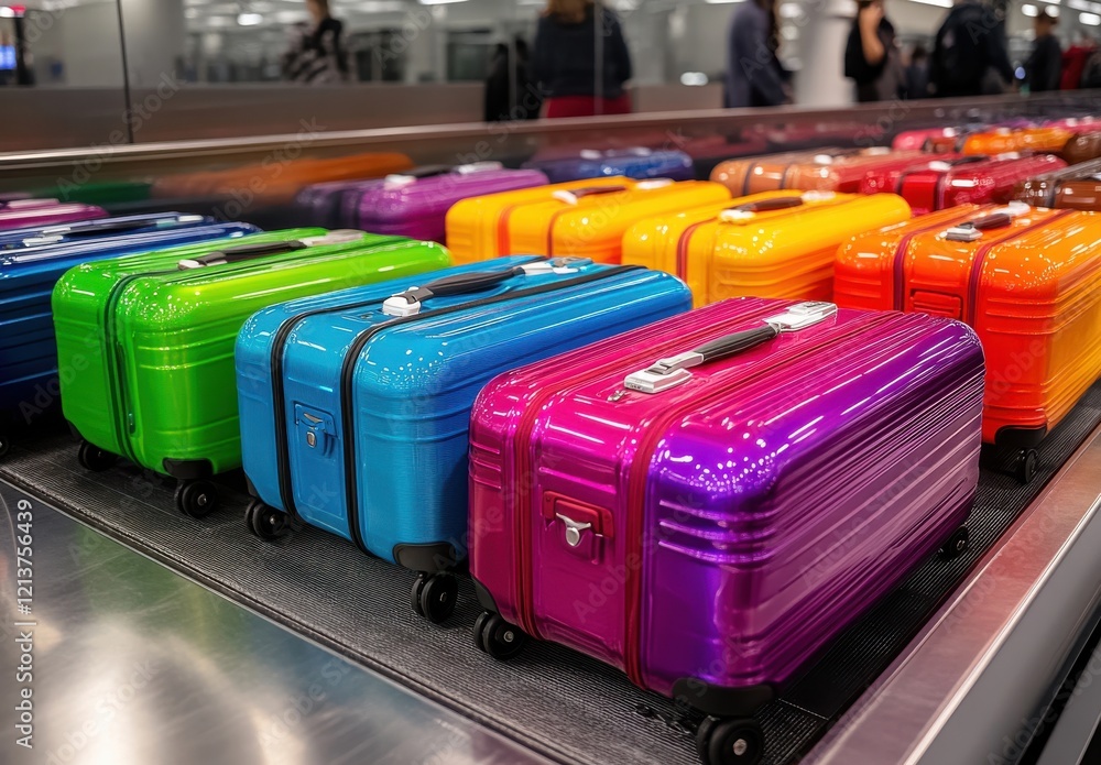Poster vibrant suitcases in a baggage claim area displaying a multicolor array of travel luggage for a chee