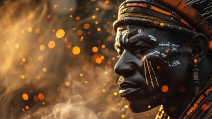African man, tribal paint, firelight, smoke, cultural portrait