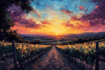 Obraz premium Serene Vineyard Sunset: A Path Through Colorful Rows to the Horizon