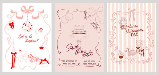 Romantic posters collection witn food, drink, candle and romantic elements. Romantic invitation or greeting cards. Valentines Day, Save the date, Wedding illustration. Editable vector illustration