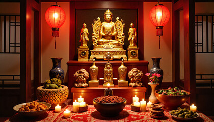 Decorated ancestor worship altar in candlelit room, Qingming Festival