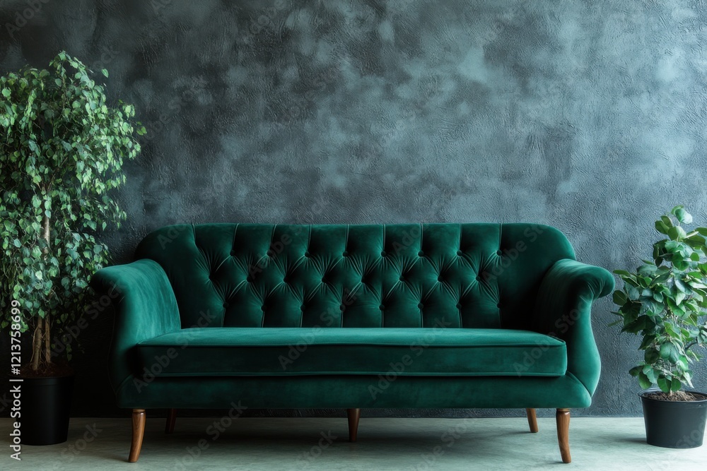 Poster modern velvet sofa surrounded by greenery and textured walls in a luxurious setting for an inviting 
