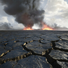 Volcanic terrain with cracked ground and erupting ash clouds ultra HD