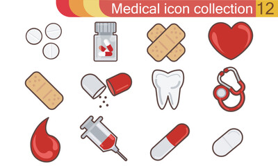 Medical icon set. 12 hospital vector signs. Medicine design. Web ambulance infographics icons. Illustrator vector design.