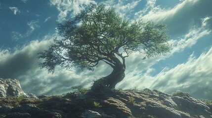 A tall tree growing from the earth with branches swaying in the wind