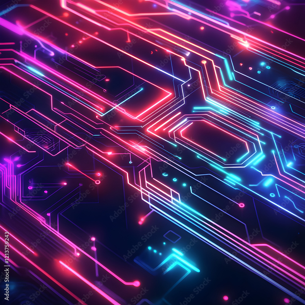 Poster neon circuit board: abstract close-up of a vibrant circuit board with glowing neon pink and blue lin