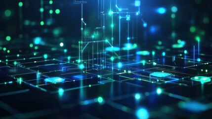 Obraz premium Digital network glowing, nodes connecting, futuristic cityscape background, tech illustration