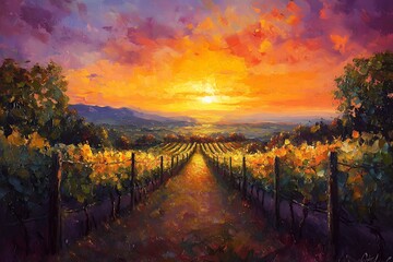 Obraz premium Serene Vineyard Sunset: Golden Light Bathes Rows of Grapevines, Creating a Peaceful and Idyllic Countryside Scene