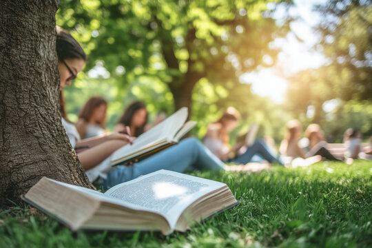 People reading books under a tree in the public park.