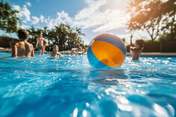 People playing with a beach ball in the pool. Summer vacation.