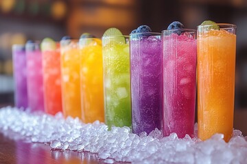 Rainbow cocktails on ice at bar with blurred background
