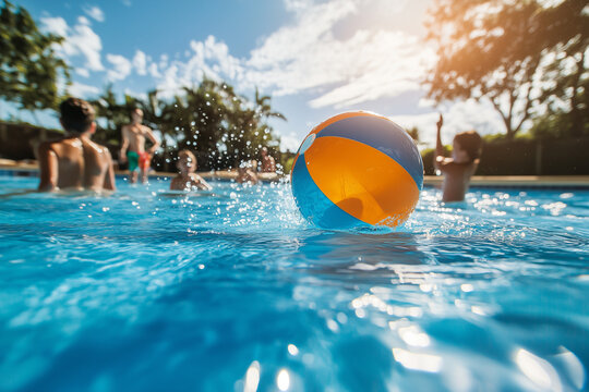 People playing with a beach ball in the pool. Summer vacation.