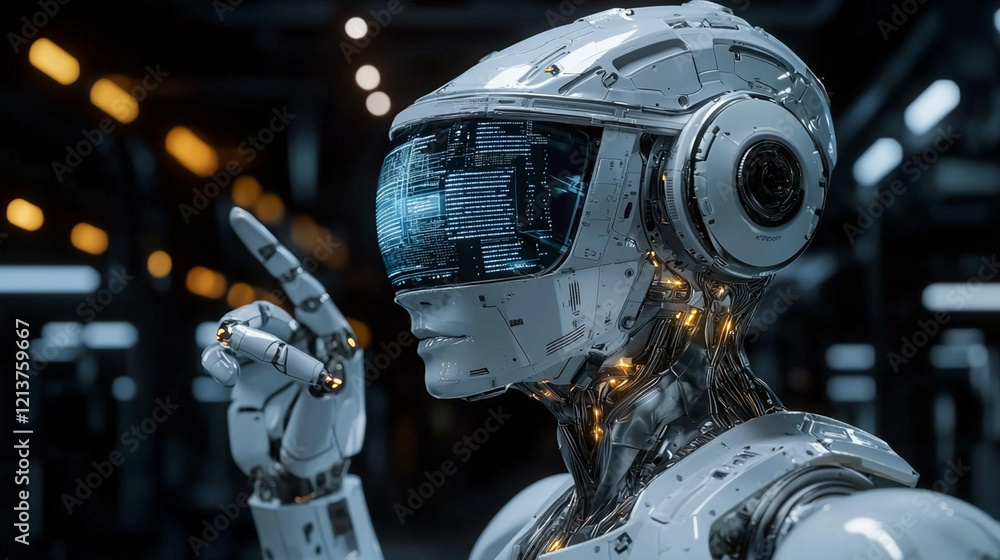 Poster futuristic robot with transparent visor pointing.