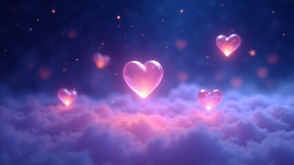 Translucent pink and lavender hearts float serenely in a starlit indigo sky, surrounded by a soft mist and glowing faintly in this surreal and dreamy artwork.