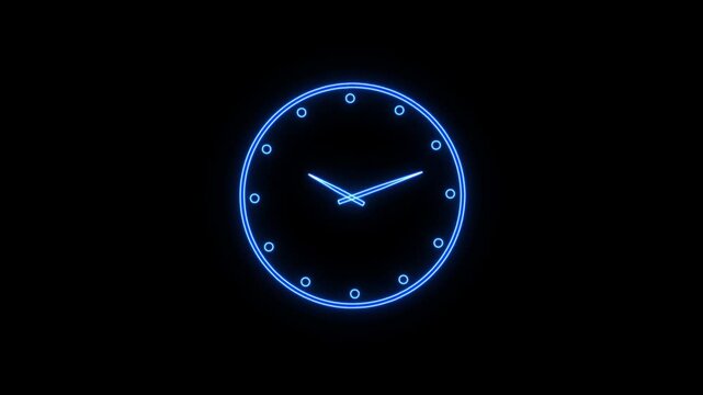 Glowing neon Clock icon animation with moving arrows and 24 hours day fast speed on black background.