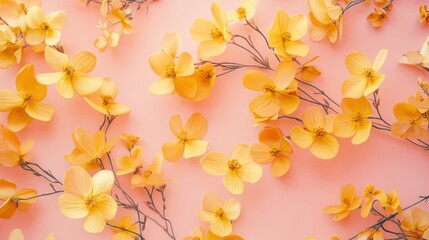 Yellow flowers pink background flatlay spring design
