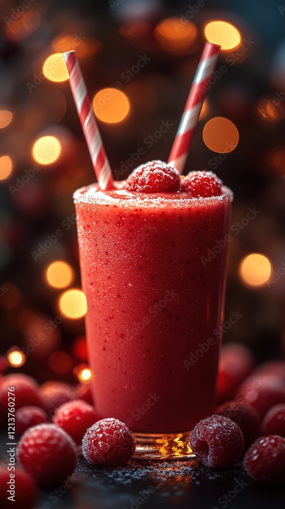 Poster raspberry smoothie with festive lights in background