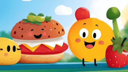 Naklejka premium Colorful Cartoon Characters Featuring Food and Playful Designs
