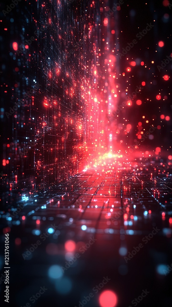 Poster red data stream flowing on circuit board in cyberspace