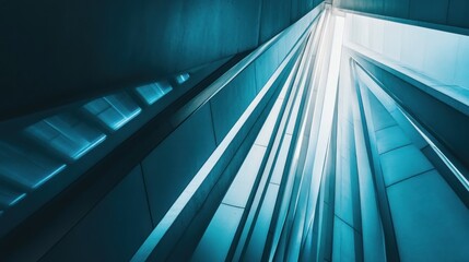 Fototapeta premium Modern building's escalator, upward view, bright exit, city background, architecture design