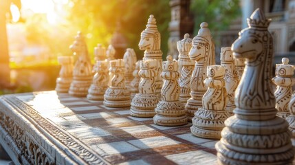 A set of hand-carved Indian chess pieces arranged on a sunlit board.