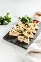 Contemporary frittata with broccoli and goat cheese on slate platter