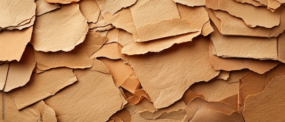 Poster torn brown paper pieces create a textured background with rough edges and layered effect