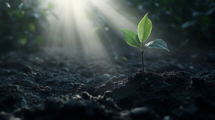 A young tree sprouting from the soil with soft rays of light shining through the leaves