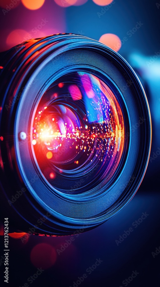 Poster close up view of camera lens with vibrant light reflections and bokeh effect in dark environment