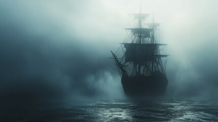 Mysterious sailing ship emerges from dense fog on a dark ocean.
