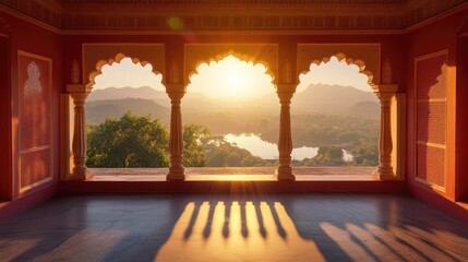 A sunlit room with traditional Indian jharokhas overlooking a scenic view.