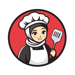Female chef wearing a hijab, white apron, and hat holds a spatula. A cooking logo