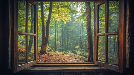 Wood window Forest window view scenery nature landscape green tree view window decor wallpaper