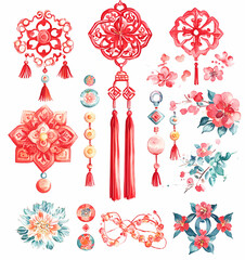 Intricate red lucky charms and floral designs for celebrations