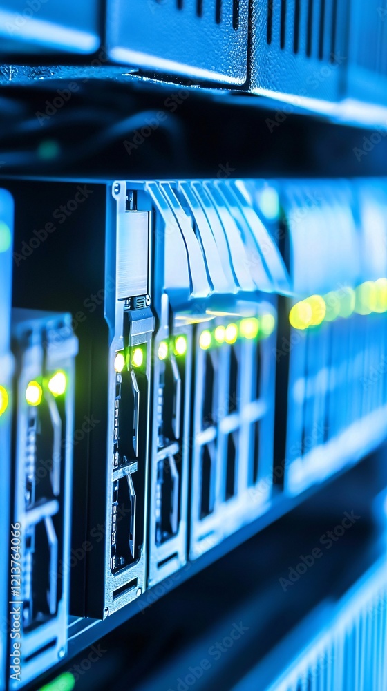 Poster close-up of secure servers in a data center with bright led lights, symbolizing information records 