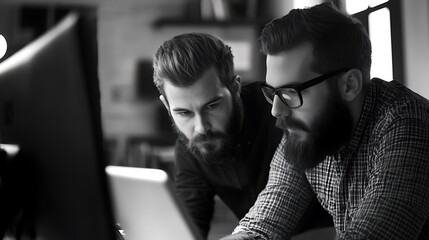 Two Bearded Men Collaborate On Computer Project