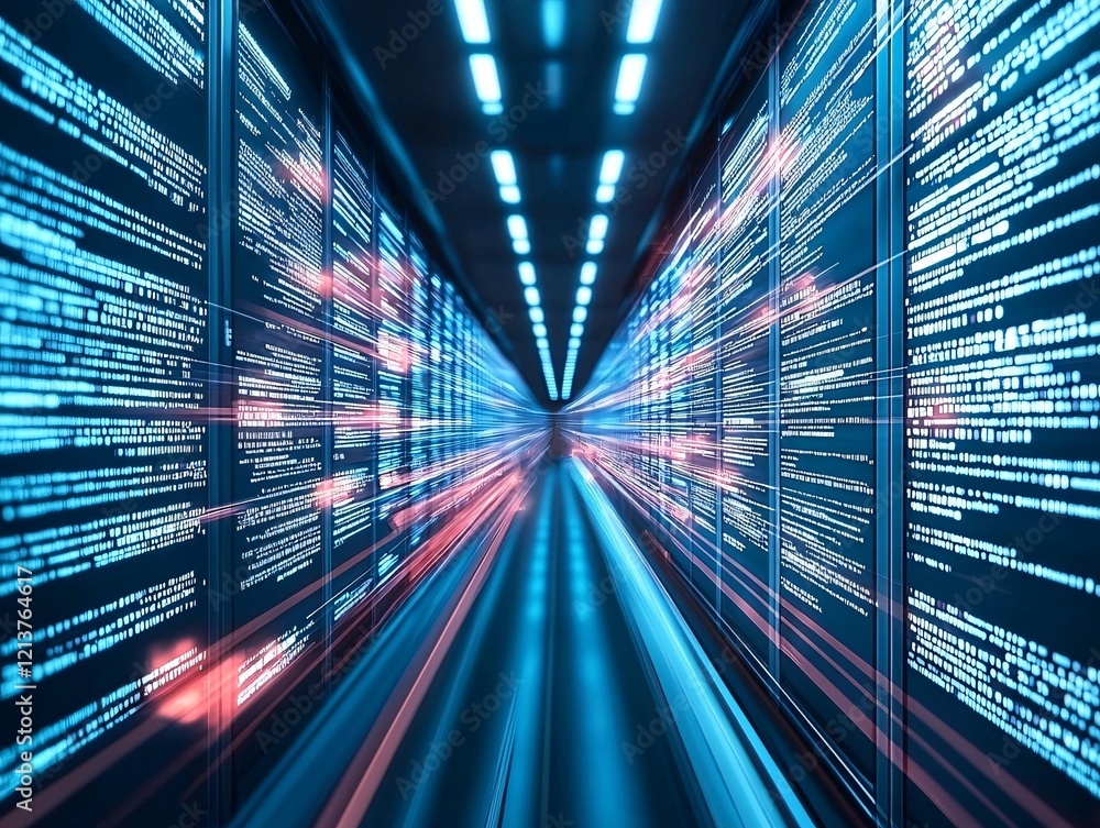 Poster a vibrant stock image of information records being processed on advanced computer systems with motio
