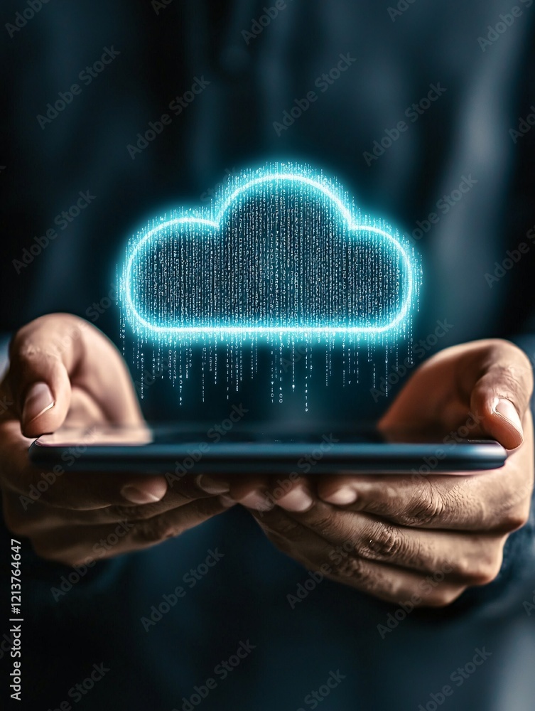 Poster hands holding a tablet showing an interface for managing information records securely in cloud stora