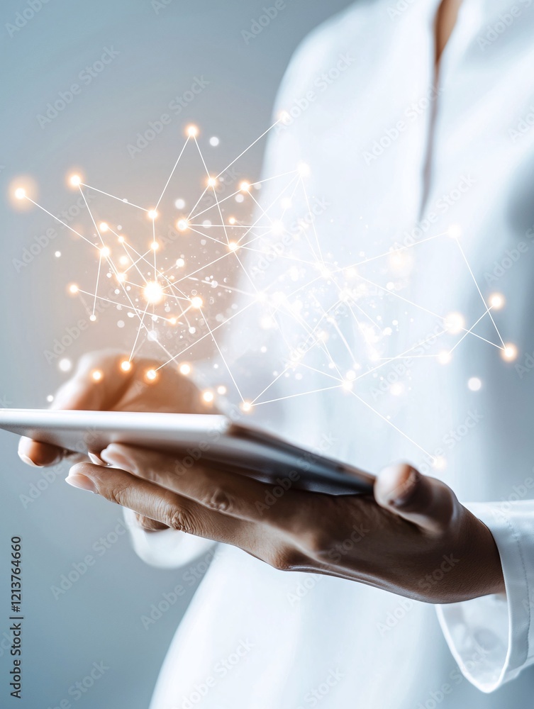 Poster hands holding a tablet showing an interface for managing information records securely in cloud stora