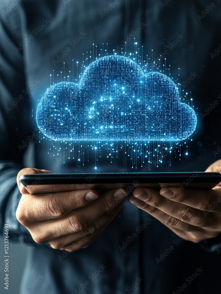 Poster hands holding a tablet showing an interface for managing information records securely in cloud stora