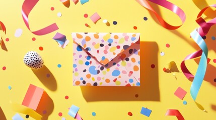 Colorful envelope, confetti, ribbons, celebration, yellow background, party invite
