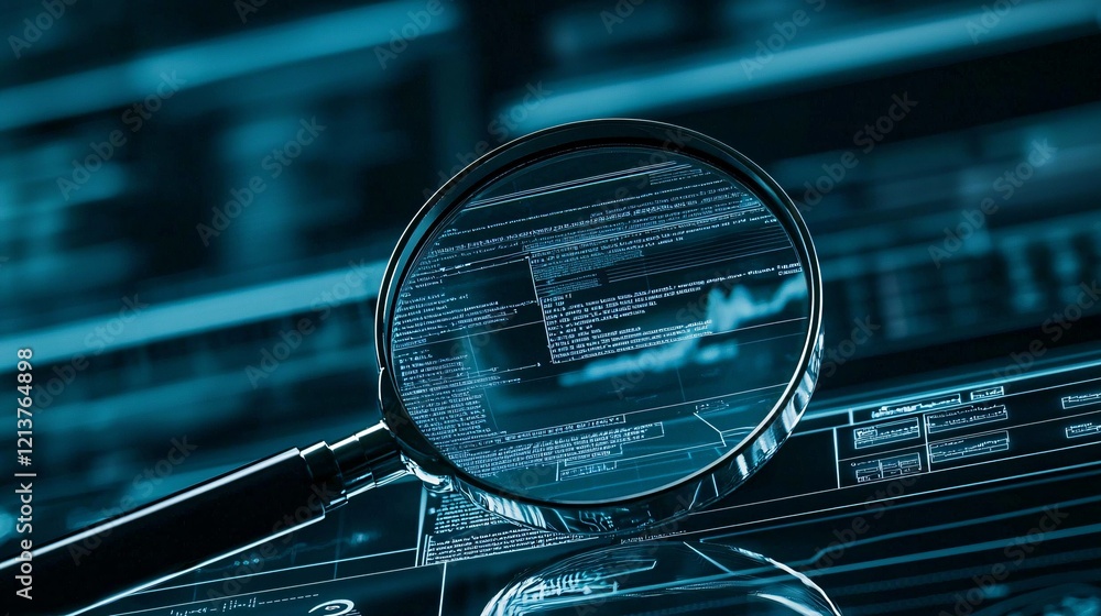 Poster a magnifying glass over digital records on a computer screen, illustrating the analysis of informati