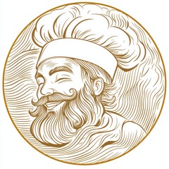 Chef with curly hair and beard, in a circle, used for restaurant branding or illustration