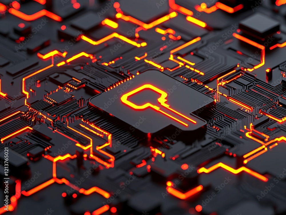 Poster abstract representation of encrypted information records with a key symbol amidst glowing circuits