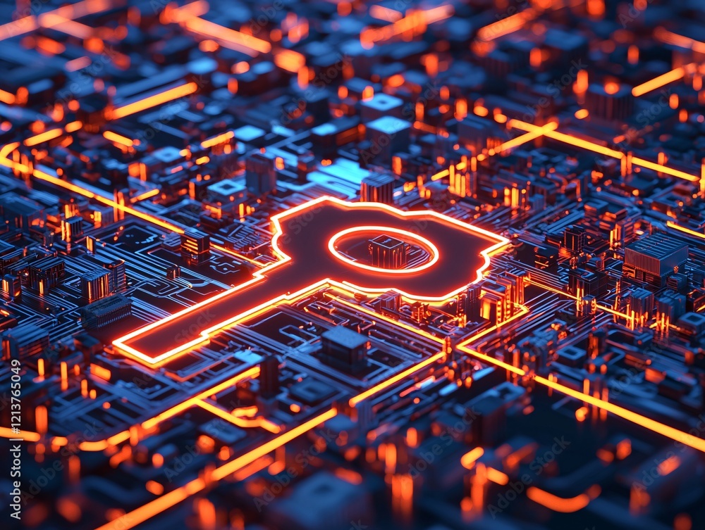 Poster abstract representation of encrypted information records with a key symbol amidst glowing circuits
